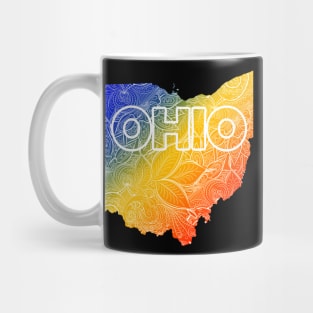 Colorful mandala art map of Ohio with text in blue, yellow, and red Mug
